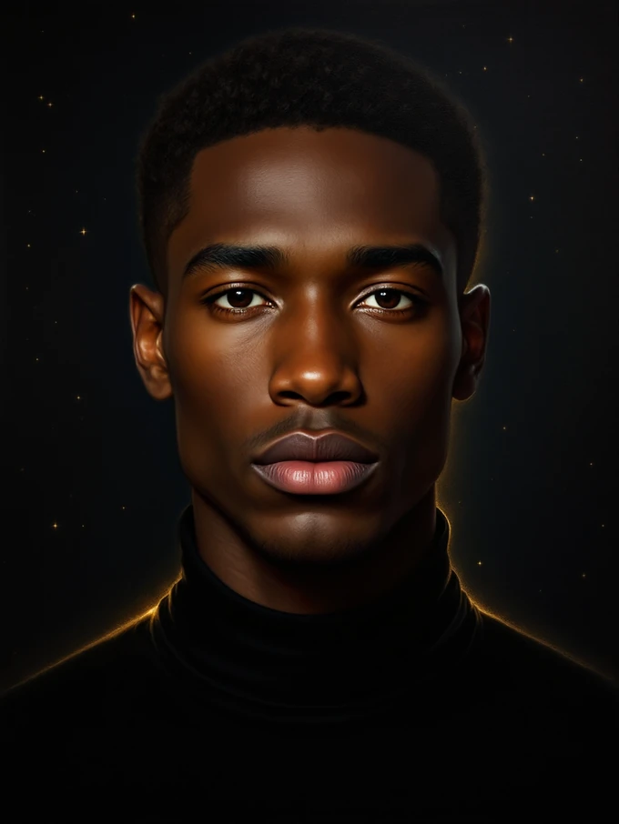 Sample soulmate portrait — a man in his early 30s, in Amelunia's painterly house style.